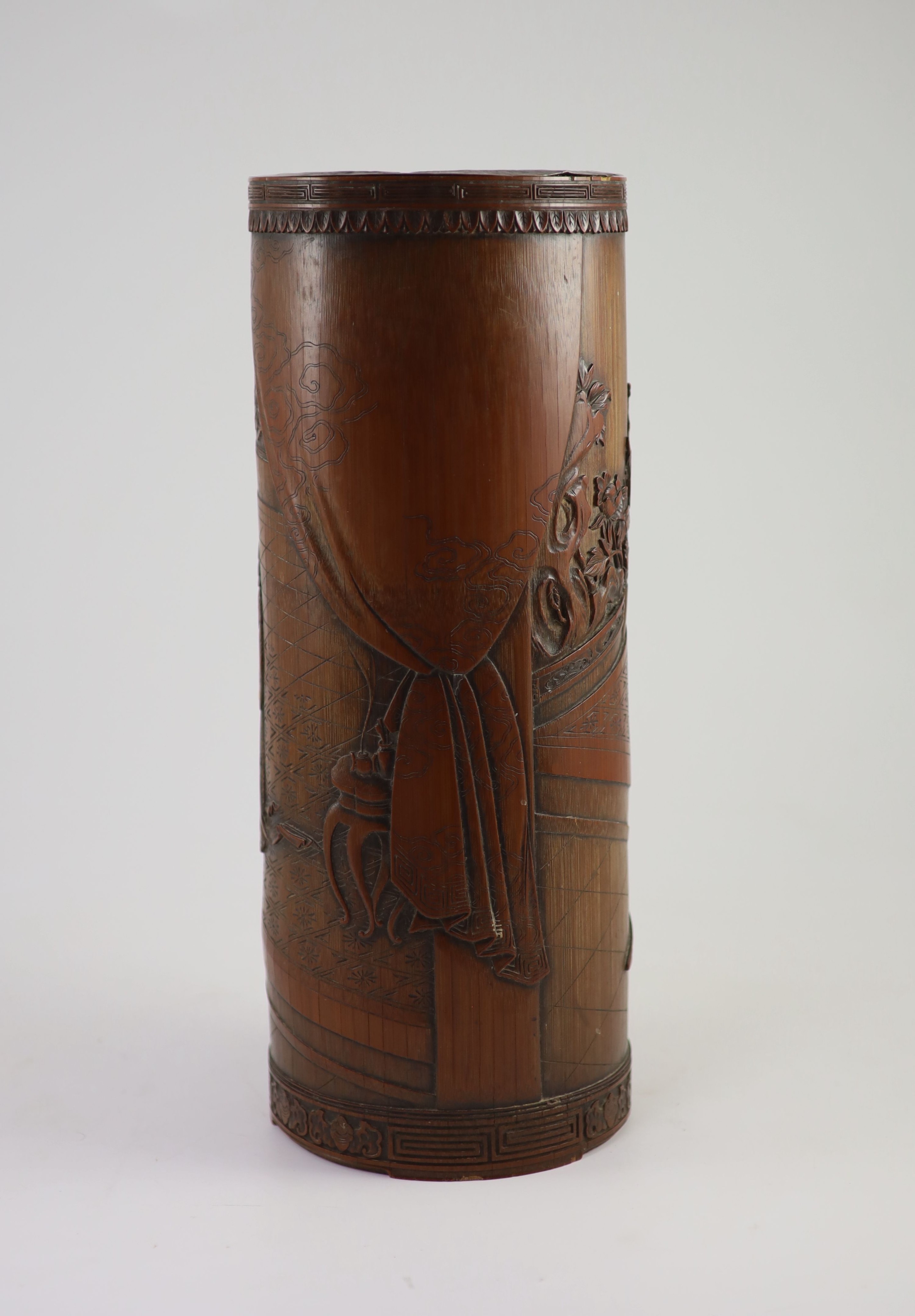 A tall Japanese bamboo and ivory inlaid brushpot, Meiji period, 39.5cm high